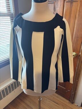 INC International Concepts Black and White Vertical Stripe Boatneck Top